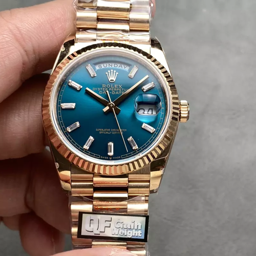 QF공장 롤렉스 데이데이트 블루 다이얼 바게트다이아 로즈골드 금통 36mm 128235