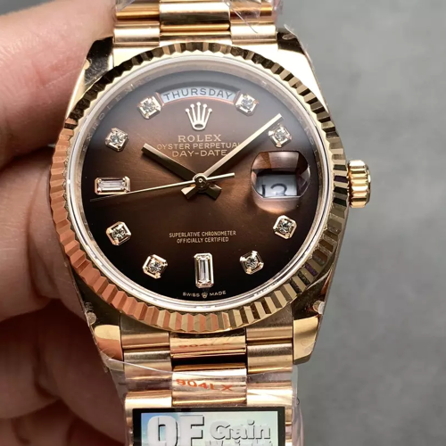 QF공장 롤렉스 데이데이트 브라운 옴브레 다이얼 10P다이아 로즈골드 금통 36mm 128235