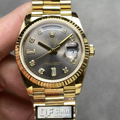 QF공장 롤렉스 데이데이트 그레이 옴브레 다이얼 10P다이아 옐로우 골드 금통 36mm 128238