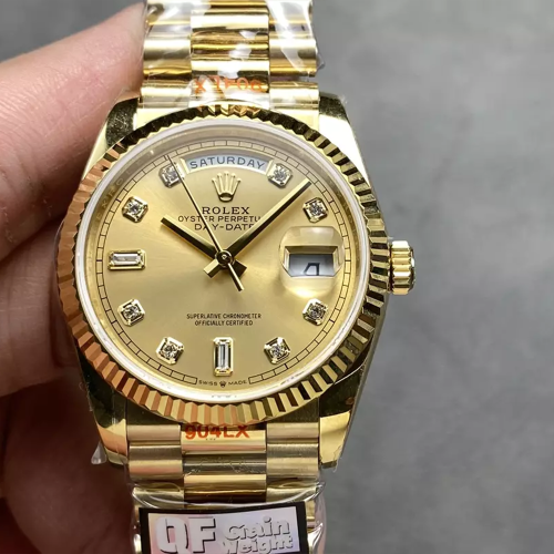 QF공장 롤렉스 데이데이트 샴폐인 옴브레 다이얼 10P다이아 옐로우골드 금통 36mm 128238