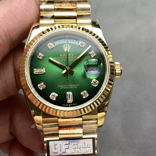 QF공장 롤렉스 데이데이트 그린 옴브레 다이얼 10P다이아 옐로우 골드 36mm 128238