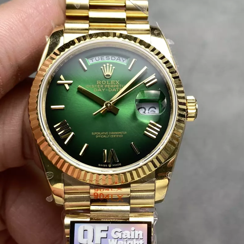 QF공장 롤렉스 데이데이트 그린블랙 로만 다이얼 옐로우 골드 금통 36mm 128238