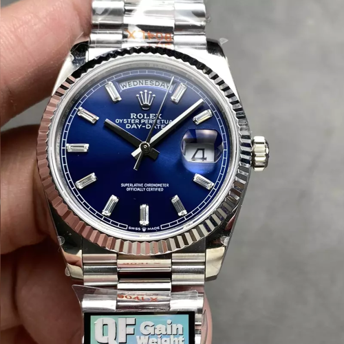 QF공장 롤렉스 데이데이트 청판 다이얼 바게트다이아 SS브레이슬 36mm 128236