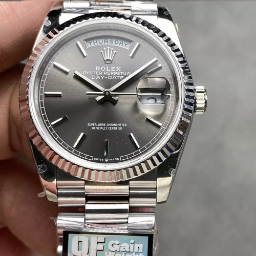 QF공장 롤렉스 데이데이트 그레이다이얼 바인덱스 화이트 골드 금통 36mm 128236