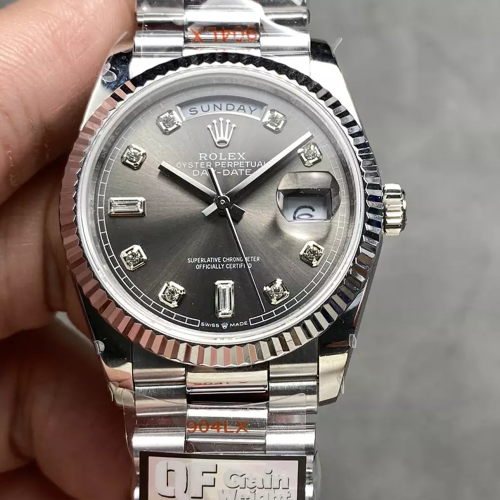 QF공장 롤렉스 데이데이트 그레이 옴브레 다이얼 10P 다이아 화이트 골드 36mm 128236