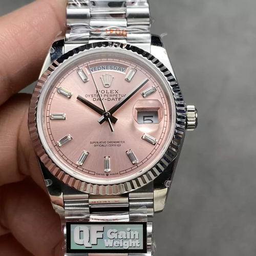 QF공장 롤렉스 데이데이트 핑크 다이얼 바게트 다이아 SS 브레이슬릿 36mm 128236