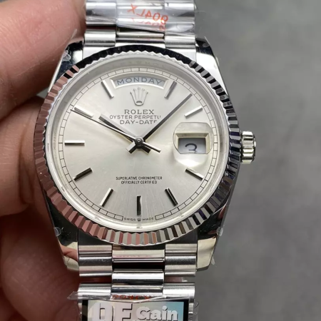 QF공장 롤렉스 데이데이트 실버 다이얼 바인덱스 화이트 골드 36mm 128236