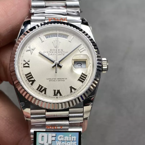 QF공장 롤렉스 데이데이트 실버 로만 다이얼 화이트 골드 금통(텅스텐 헤비버전) 36mm 128236