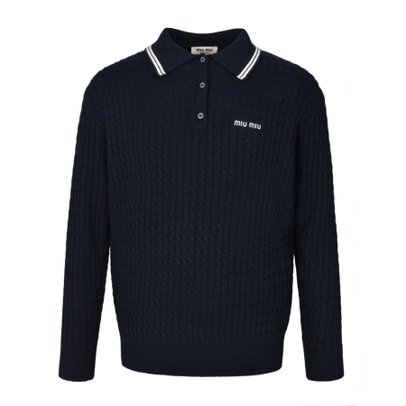 미우미우 코튼 크로쉐 폴로 셔츠 블루 화이트
