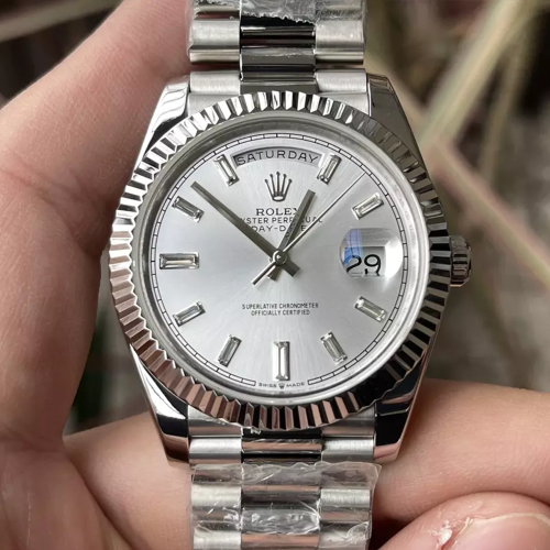 KF공장 롤렉스 데이데이트 실버 다이아 다이얼 화이트 골드 금통 40mm 228235