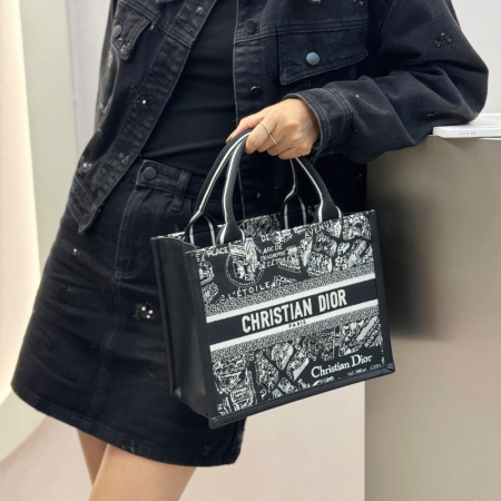 디올 스몰 북 토트백 블랙 화이트 플랜 드 파리 자수