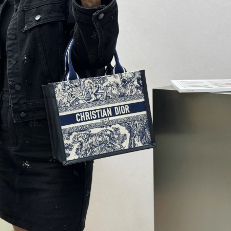 디올 스몰 북 토트백 트왈 드 주이 소바쥬 자수 화이트 네이비 블루