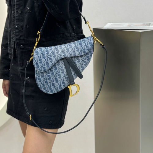 디올 새들 스트랩 백 데님 오블리크 자카드 블루