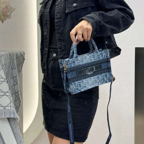 디올 미니 블루 데님 오블리크 북 토트백