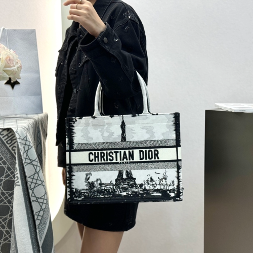 디올 미디엄 북 토트백 파리 자수 화이트 블랙