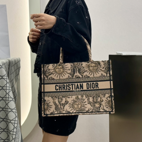 디올 미디엄 북 토트백 베이지 네이비 블루 쏠레이