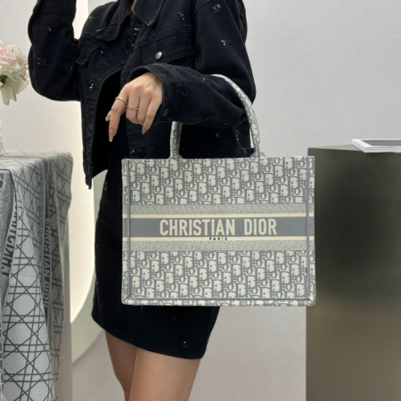 디올 미디엄 북 토트백 그레이 오블리크 자수