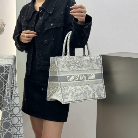 디올 미디엄 북 토트백 그레이 트왈 드 주이 자수