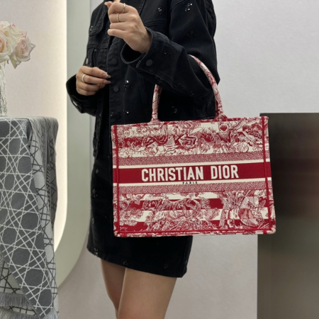 디올 미디엄 북 토트백 레드 트왈 드 주이 자수