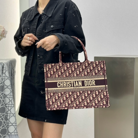 디올 미디엄 북 토트백 레드 오블리크 자수