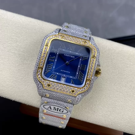 AMG공장 까르띠에 산토스 청판 다이얼 옐로우 골드 콤비 버스트 다운 40mm