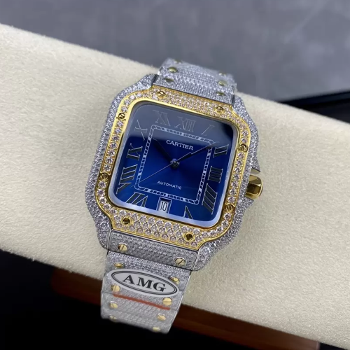 AMG공장 까르띠에 산토스 청판 다이얼 옐로우 골드 콤비 버스트 다운 40mm