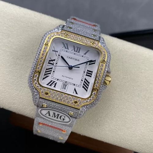 AMG공장 까르띠에 산토스 화이트 다이얼 옐로우 골드 콤비 버스트 다운 40mm