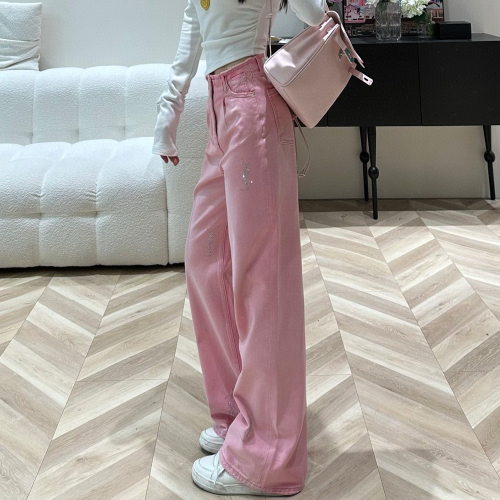 생로랑 클래식 콘트라스트 컬러 데님 팬츠 핑크