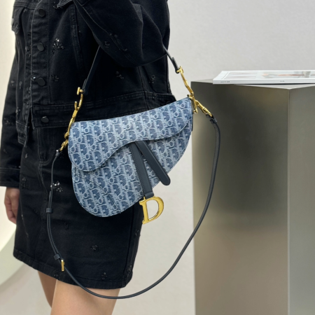 디올 미디엄 새들 스트랩 백 데님 오블리크 자카드 블루