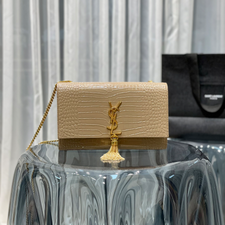 생로랑 모노그램 케이트 숄더백 크로커다일 엠보스 샤이니 레더 다크 베이지 금장 354119