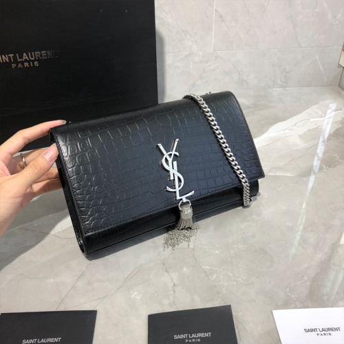 생로랑 모노그램 케이트 숄더백 크로커다일 엠보스 블랙 은장 354119