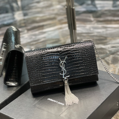생로랑 모노그램 케이트 숄더백 크로커다일 블랙 은장 354119