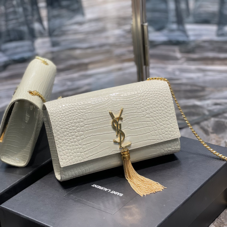 생로랑 모노그램 케이트 숄더백 크로커다일 화이트 금장 354119