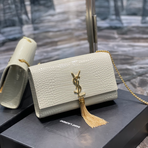 생로랑 모노그램 케이트 숄더백 크로커다일 화이트 금장 354119