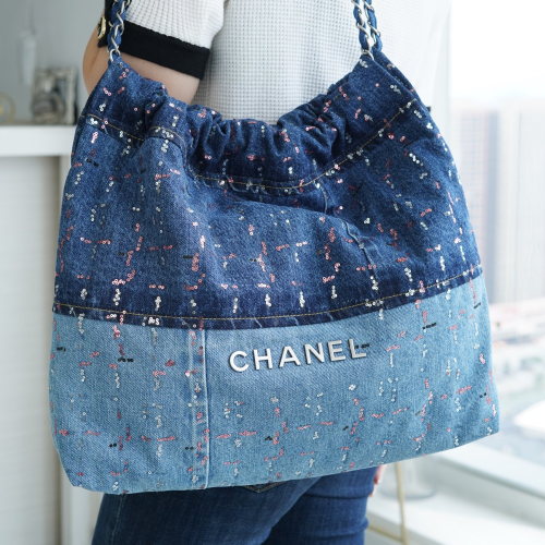 팬더샵 샤넬 23A 데님 스티치 22백 미디엄 은장