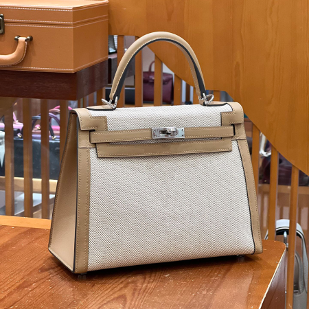 그린엘 에르메스 켈리 25 토고 스위프트 캔버스 밀크티 컬러 실버 버클