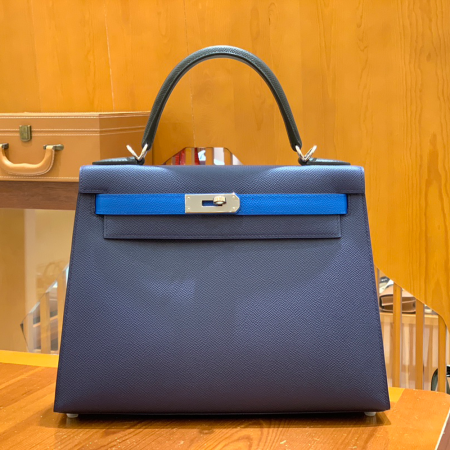 그린엘 에르메스 켈리 28 엡송 사파이어 블루 3색 조합 실버 버클