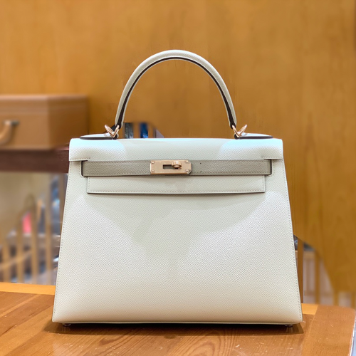 그린엘 에르메스 켈리 28 엡송 밀크쉐이크 화이트 & 윈드브레이커 그레이 골드 버클
