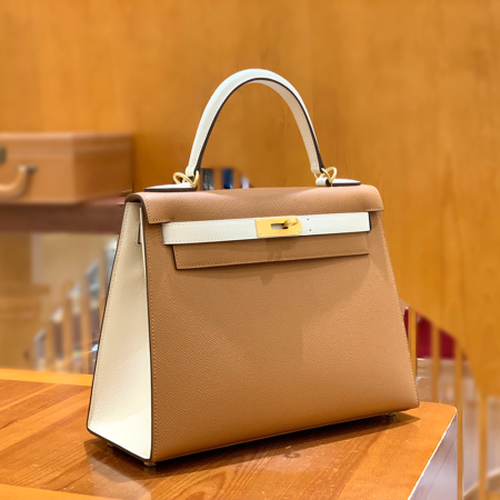 그린엘 에르메스 켈리 28 엡송 골든 브라운 & 크림 화이트 골드 버클
