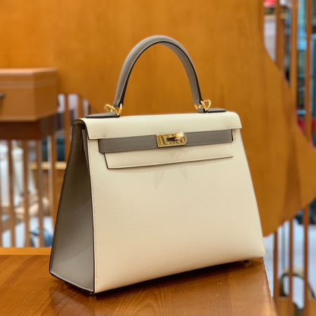 그린엘 에르메스 켈리 28 엡송 밀크셰이크 화이트 & 그레이 골드 버클