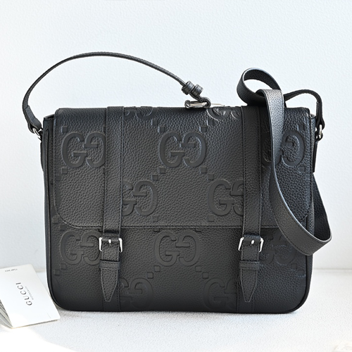 구찌 블랙 레더 점보 GG 미디엄 메신저백 760234