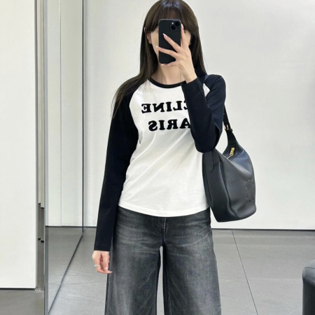 셀린느 트리옹프 티셔츠 코튼 저지 오프 화이트 블루 페트롤