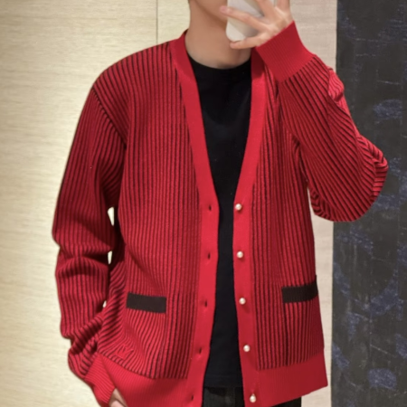 루이비통 박서보 콜라보 스트라이프 레드 니트 가디건