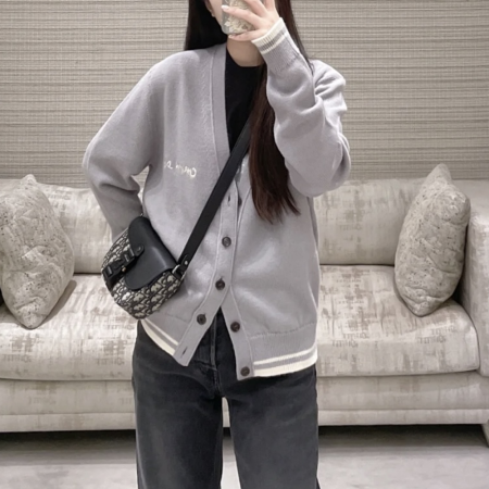 디올 가디건 세일러 칼라 울 캐시미어 시그니쳐 온 더 백 그레이