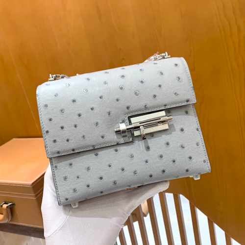 그린엘 에르메스 베루 체인 미니 백 베루 미니 타조 가죽 글레이셔 블루 실버 버클