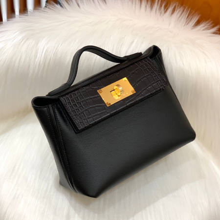 그린엘 에르메스 2424 백 미니 스위프트 스펠스 매트 아메리칸 앨리게이터 블랙 골드 버클