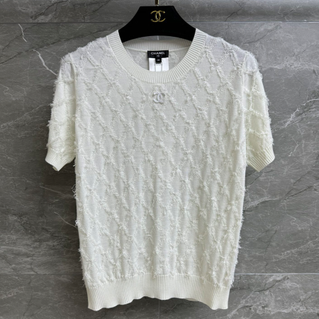 샤넬 브이넥 다이아몬드 태슬 울 니트 반팔 화이트