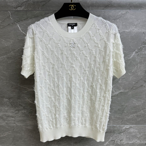 샤넬 브이넥 다이아몬드 태슬 울 니트 반팔 화이트