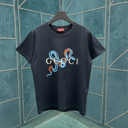 구찌 드래곤 로고 프린트 커플 반팔 블랙