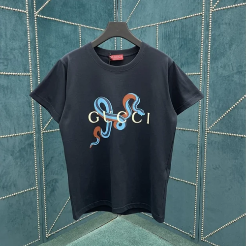 구찌 드래곤 로고 프린트 커플 반팔 블랙